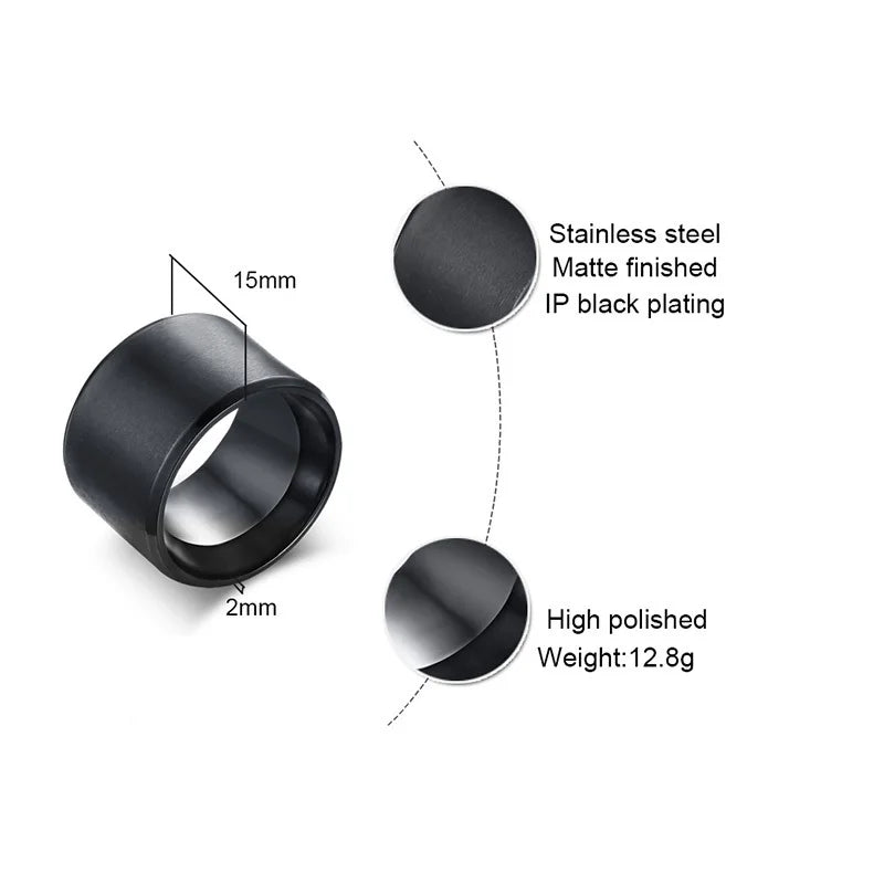 Men Ring 15mm Extra Wide Tube Black Stainless Steel Chunky Band Cigar Rings Male Jewelry Mens Accessories