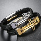11MM Braided Leather Man Bracelet For Men Gold Color Stainless Steel Men's Charm Cross Bracelets Handmade Hand Bands