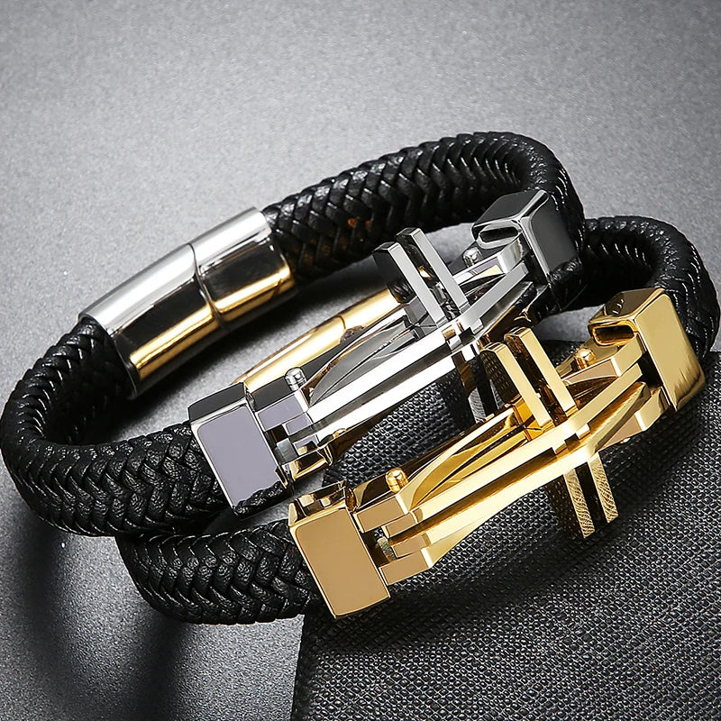 11MM Braided Leather Man Bracelet For Men Gold Color Stainless Steel Men's Charm Cross Bracelets Handmade Hand Bands