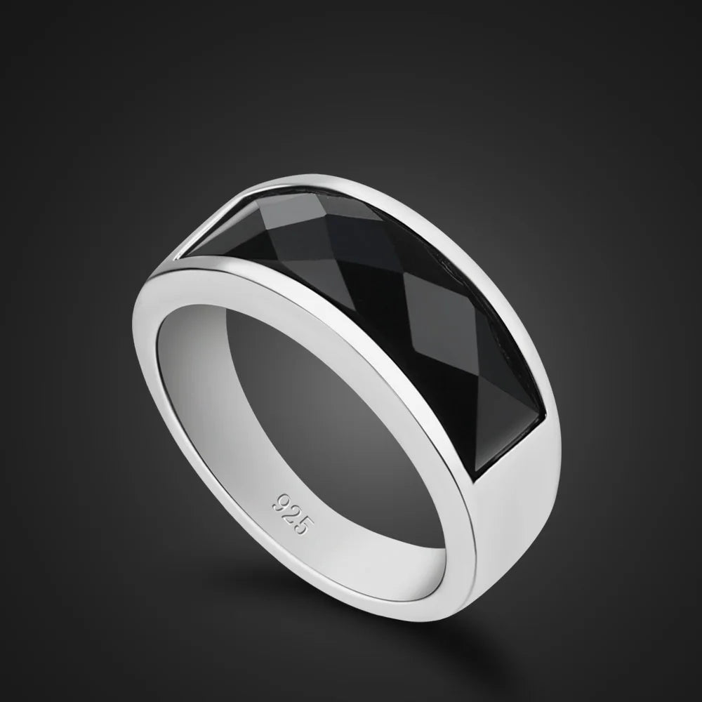 Retro 925 Sterling Silver Ring Unisex Fashion Black Agate Stone Ring Atmopheric Jewelry for Boyfriend Gifts