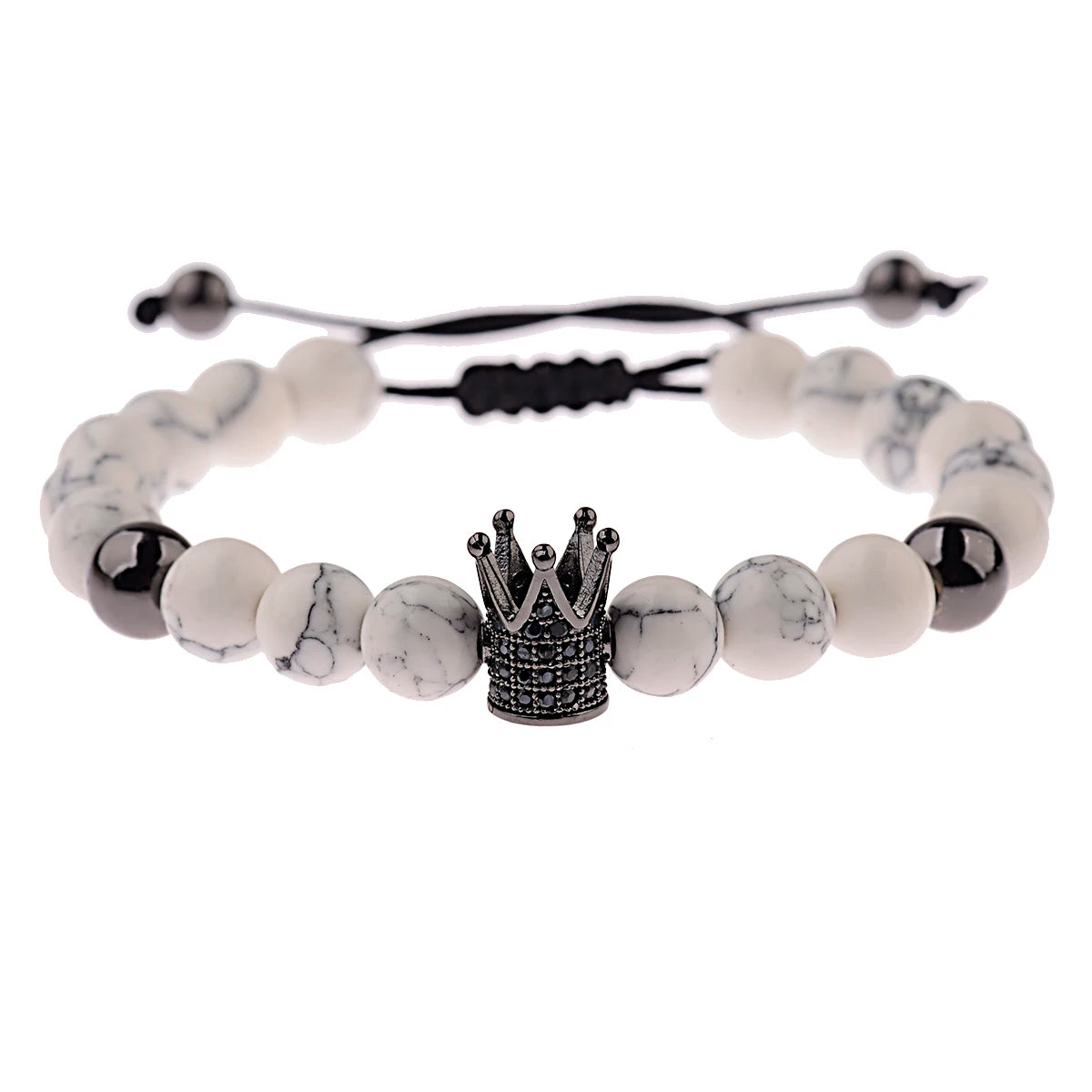 Black CZ Pave Ball Beaded Bracelet for Men — Adjustable Weave