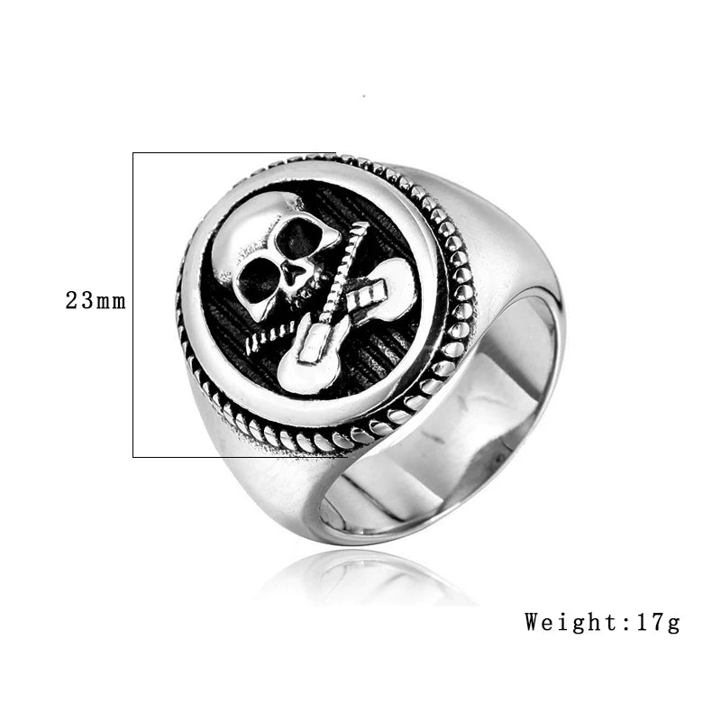 Cool Guitar Skull Ring Gold/Silver Color Stainless Steel Biker Skull Ring Men Punk Rock Signet Ring Jewelry Party Best Gift