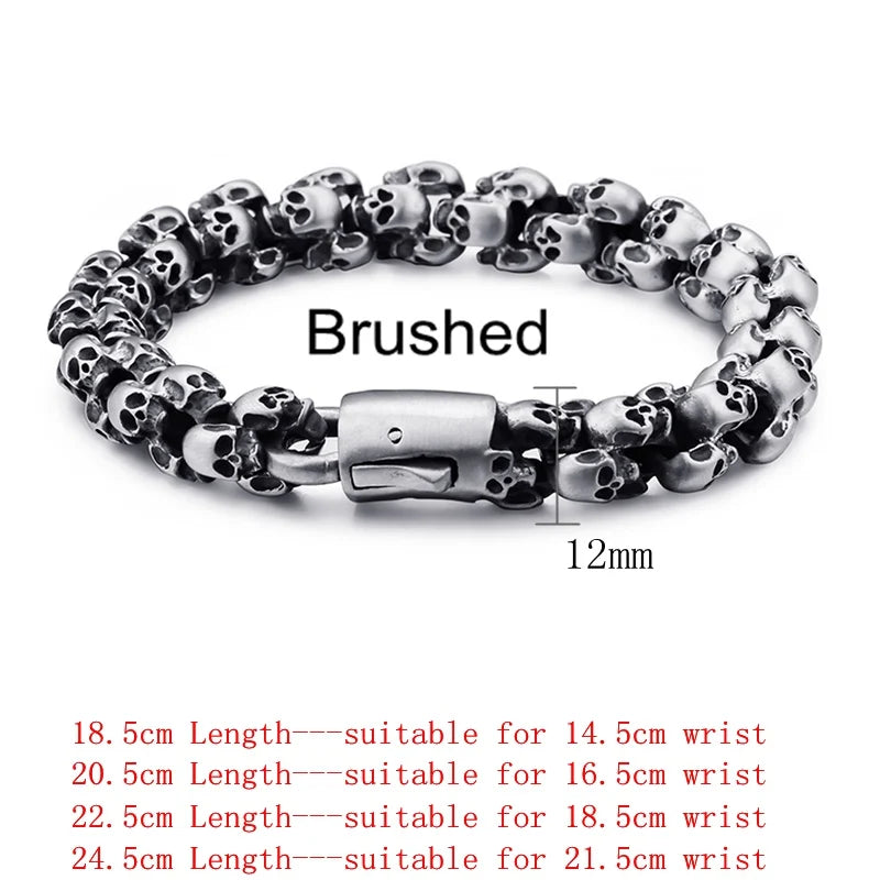 12/15mm Evil Ghost Head Skull Chain Bracelet Men 316L Stainless Steel Punk Shiny Matte Biker Rock Demon Jewelry
