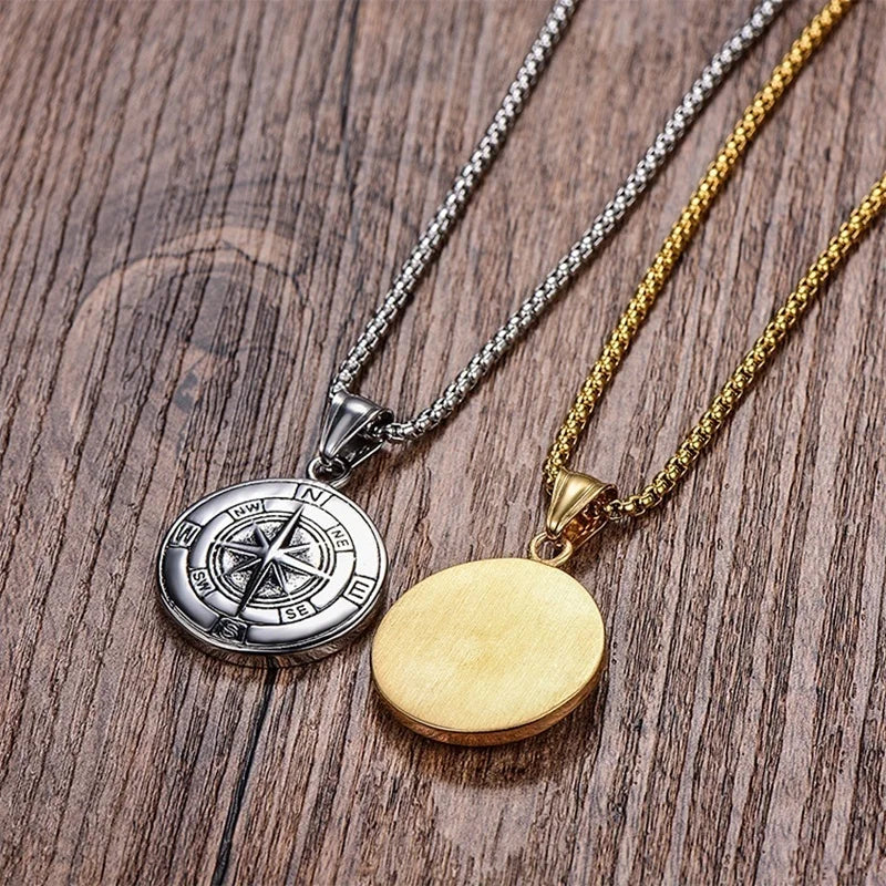 New Retro Viking Viking Round Compass Pattern Pendant Necklace Men's Necklace Fashion Metal Sliding Pendant  Jewelry Accessories