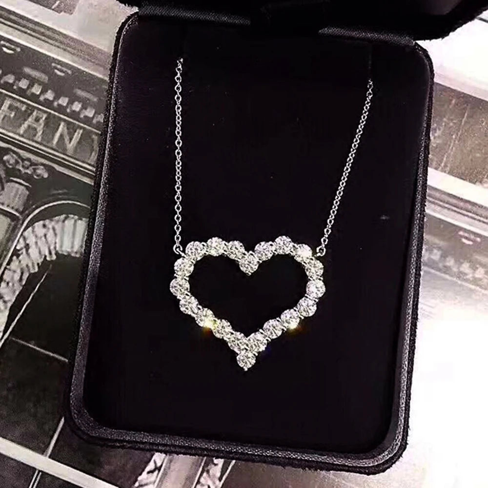 Huitan Delicate Hollow Heart Pendant Necklace Shiny Round Zircon Bridal Marriage Jewelry Versatile Statement Necklaces