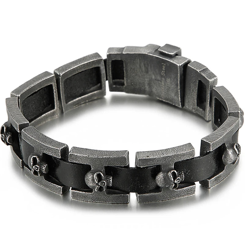 Ghost Skull Head Shaped Men's Leather Bracelets With Belt Buckle Stainless Steel On Hand Bands For Men Male Wristbands