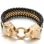 Vintage Double Wolf Lion Head Men's Bracelets Gothic 23CM Long Braided Genuine Leather & Stainless Steel Skull Bracelet