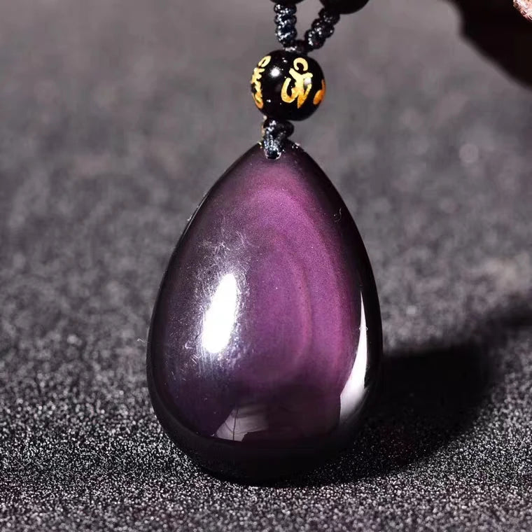 Natural Black Obsidian Rainbow Green Purple Flash Light Pendant Water Drop Necklace Drop Shipping AAAAA