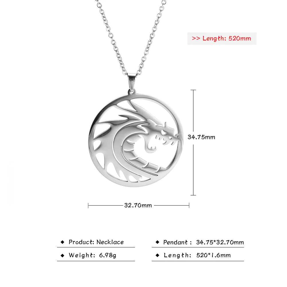 Skyrim Chinese Dragon Round Pendant Necklace 316L Stainless Steel Gold Color Statement Chain Necklaces Jewelry for Men