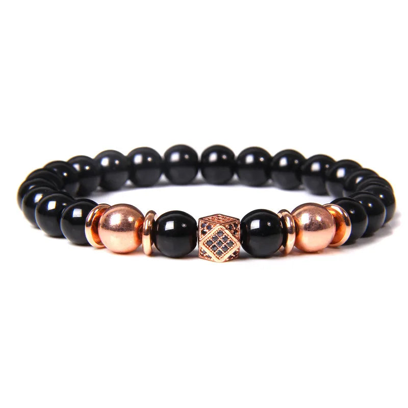 Black Beaded Round Metal Ball Bracelet for Men — Two-Tone