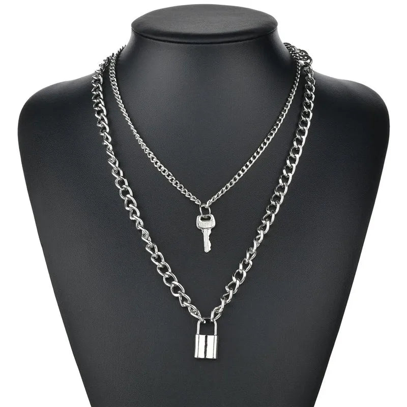 Silver-Tone Layered Lock Chain Choker Necklace