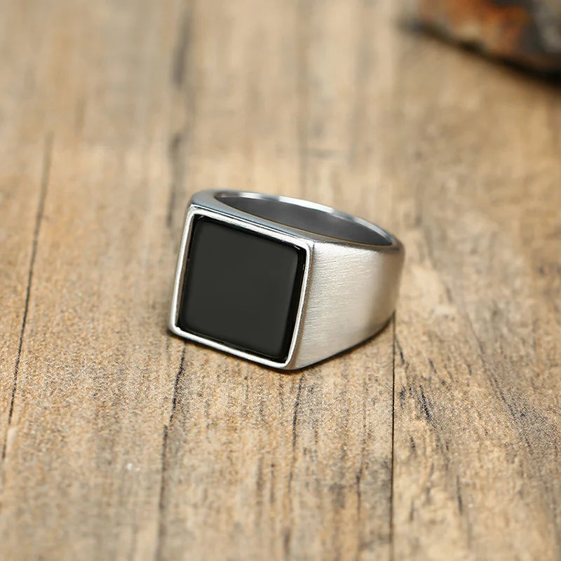 Black Enamel Square Signet Ring — Stainless Steel