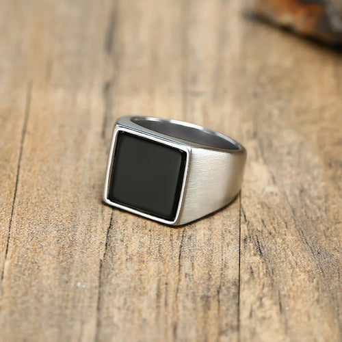 Black Enamel Square Signet Ring — Stainless Steel