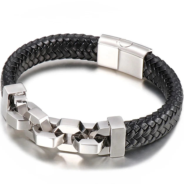 Friendship Man Bracelets Stainless Steel Braided Genuine Leather Wristband Boys Cuff Bracelet Men Jewellery Gifts For