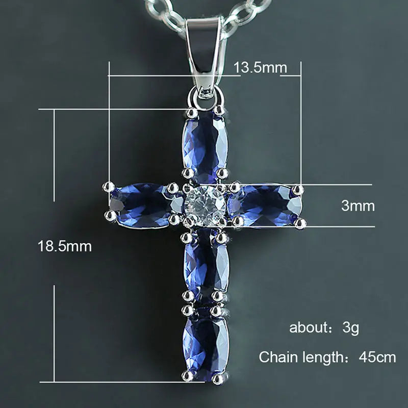 Huitan Cross Shaped Pendant Necklace Birthday Gift High Quality Ladies Jewelry Prong Setting Blue CZ Fashion Accessary