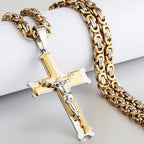 Stainless Steel Crucifix Jesus Byzantine Link Chain Necklace Fish Bone Pattern Cross Pendant Necklace Catholic Jewelry