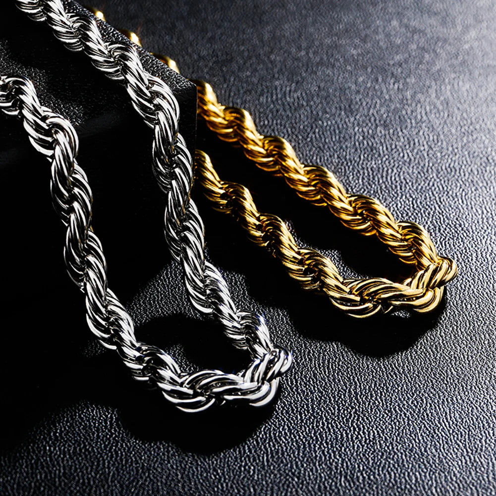 TOPGRILLZ 8MM Stainless Steel Rope Chain Necklace 18"20"24"  Gold Color Necklace Hip Hop Fashion Jewelry For Men Party