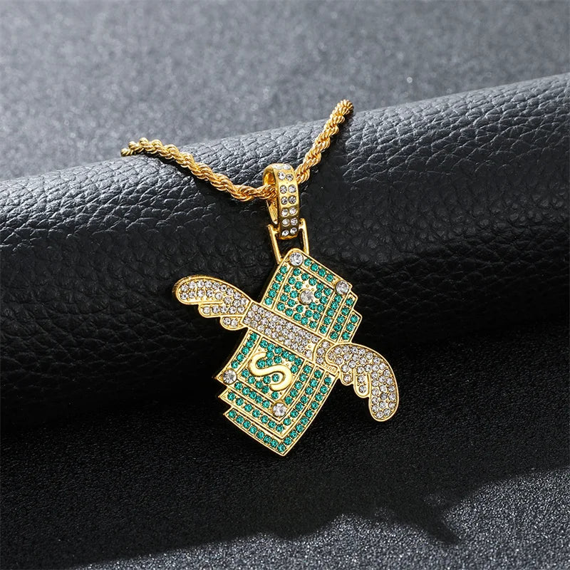 Flying Money Necklace Wings Cash Pendant Men's Jewelry Punk Hip Hop Rock Style Rap Dancer Handsome Guy Accessories Cool