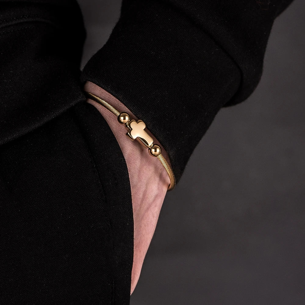 Jesus Cross Hemp Rope Buckle Open Cuff Bracelet — Stainless Steel