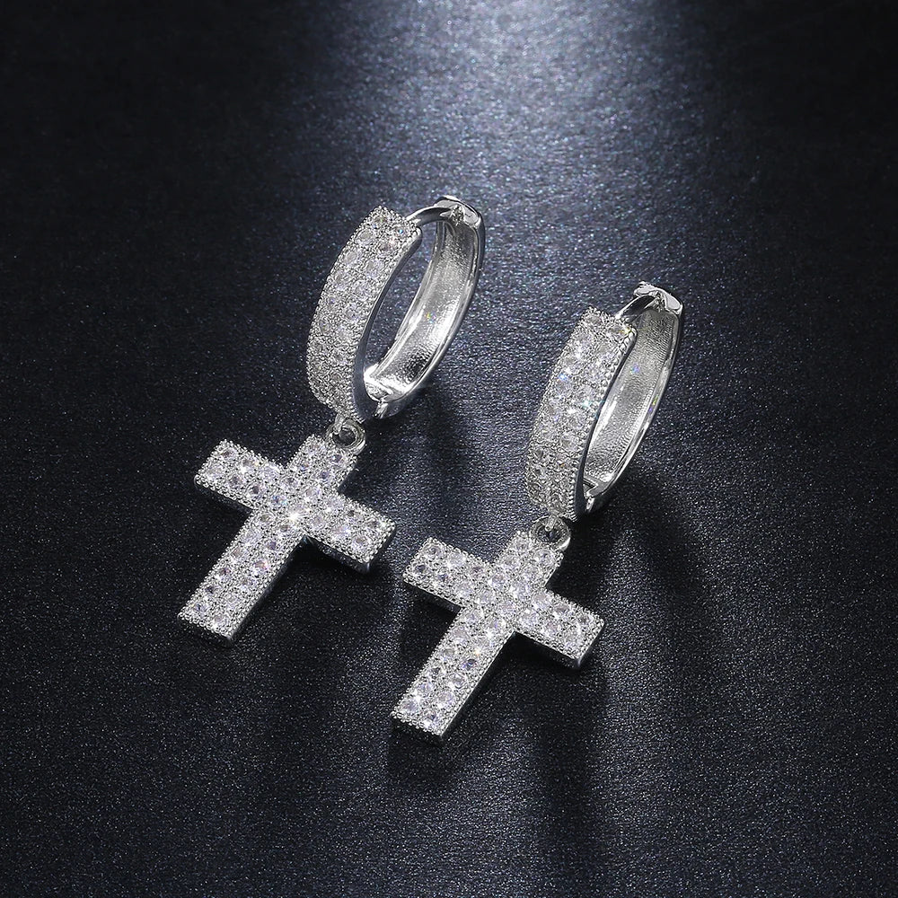 Iced Out Cross Drop Huggie Hoop Earrings with CZ Crystal
