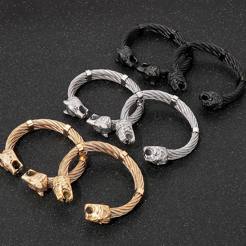 Gothic Gold Color Stainless Steel Wolf Lion Head Open Bangle Cuff Bracelet For Man Men's Boys On Hand Jewellery