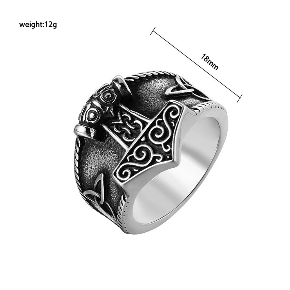 Vintage Viking Mjolnir Thor's Hammer Ring Men Nordic 316L Stainless Steel Odin Celtics Knot Amulet Ring Jewelry Gift