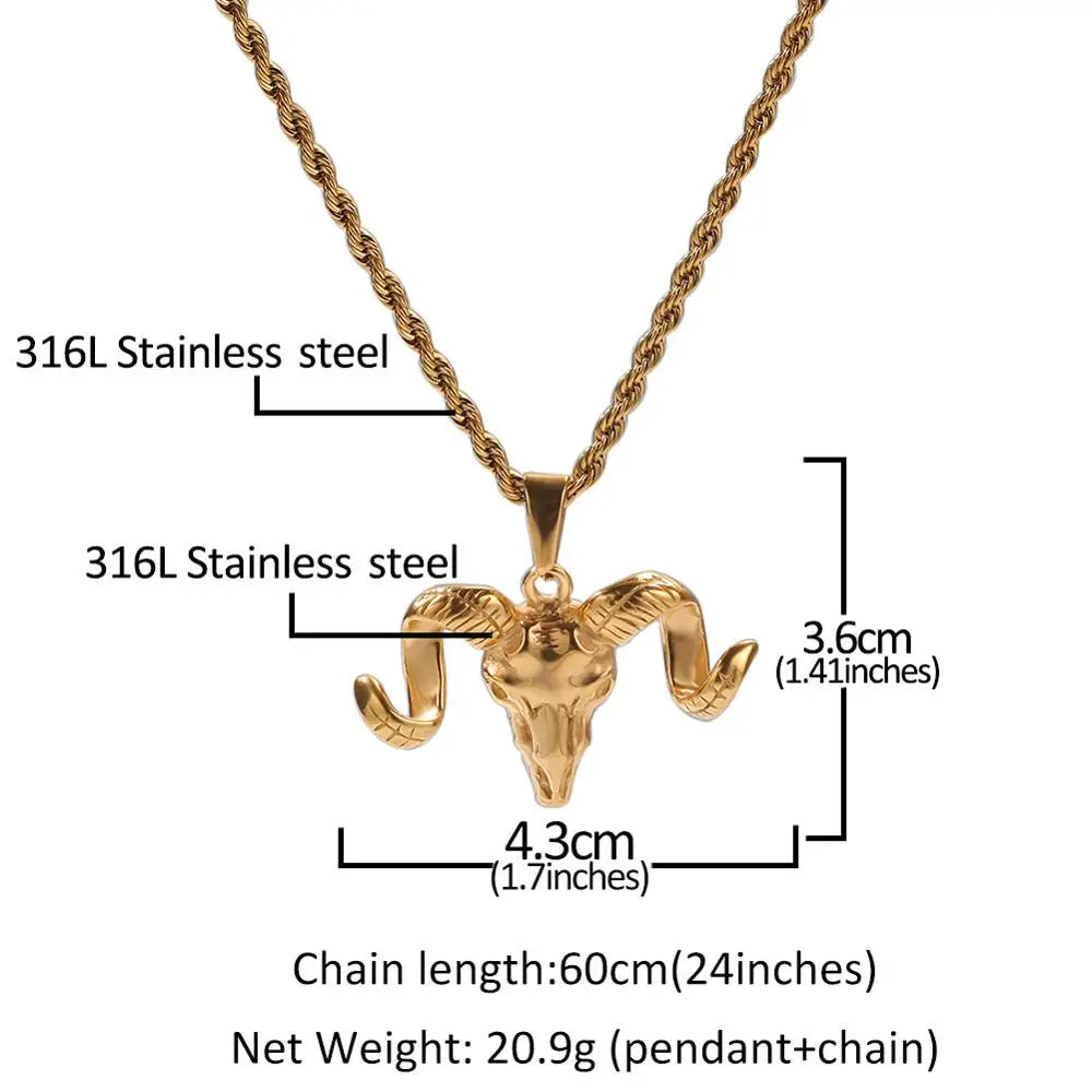 Hip Hop Titanium Steel Skull Goat Horn Pendants Necklaces for Men Rock Jewerly Drop Shipping