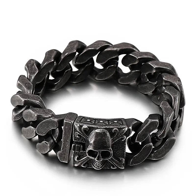 Fongten Gothic Skull Bracelets For Men Ancient Silver Color Stainless Steel Cuban Chain Heavy Bracelet Bangle Jewelry Wholesale