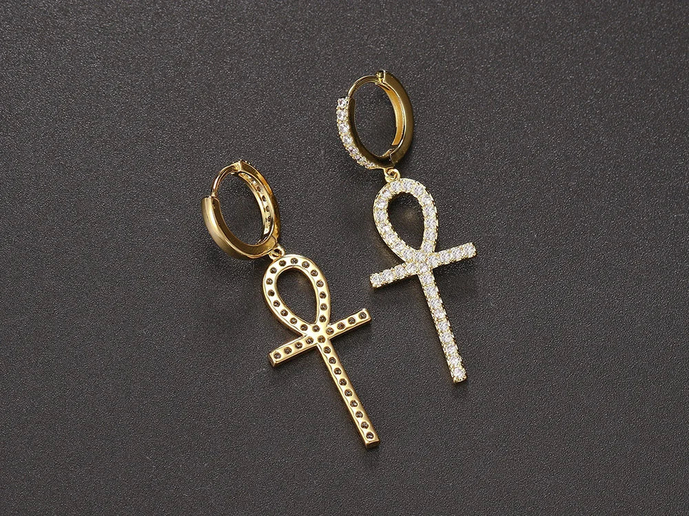 Iced Out Ankh Dangle Hoop Earrings CZ