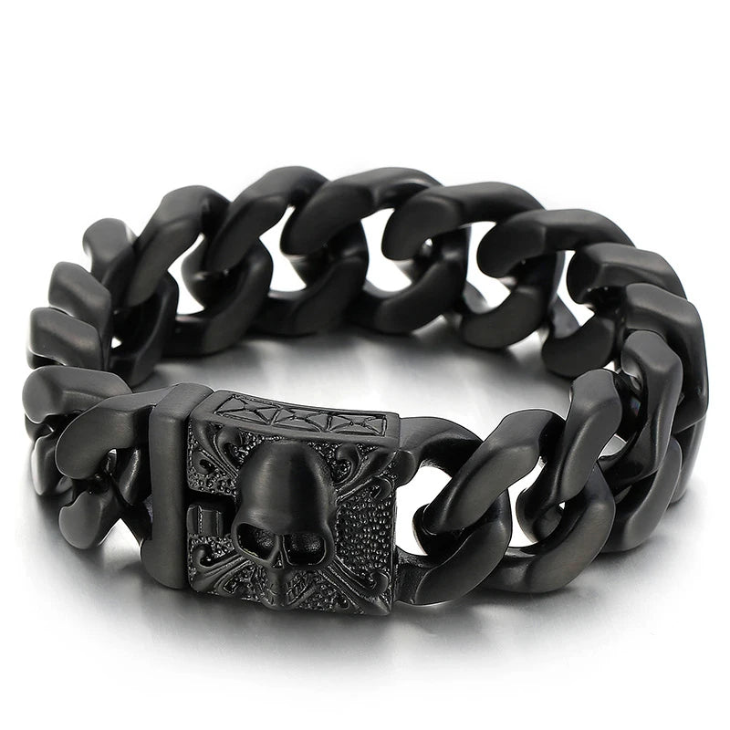 Fongten Gothic Skull Bracelets For Men Ancient Silver Color Stainless Steel Cuban Chain Heavy Bracelet Bangle Jewelry Wholesale