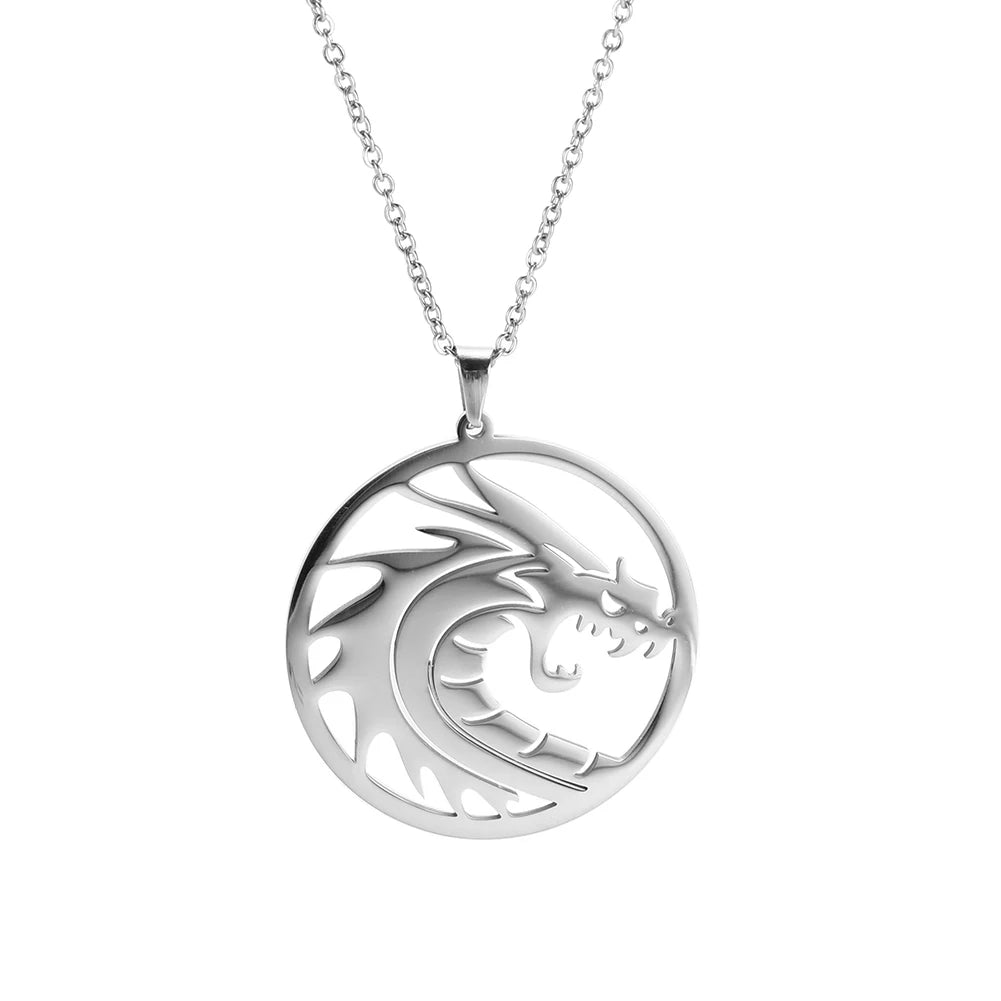 Skyrim Chinese Dragon Round Pendant Necklace 316L Stainless Steel Gold Color Statement Chain Necklaces Jewelry for Men