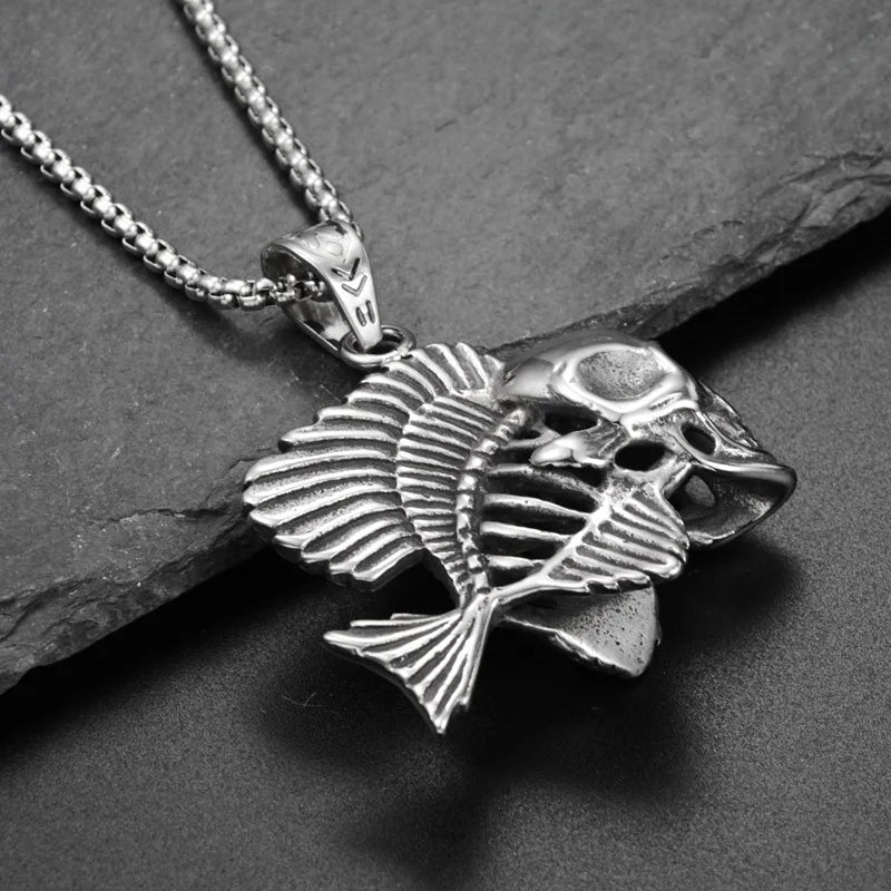 Skeleton Fish Bone Pendant Necklace — Stainless Steel