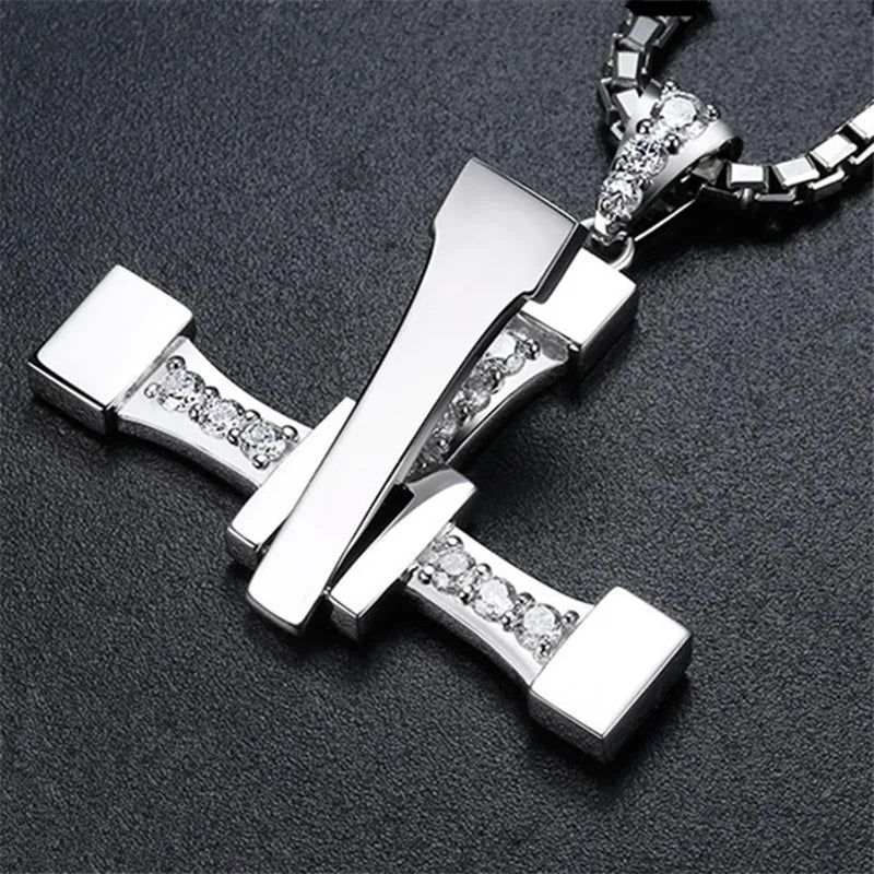 Fast and Furious Cross Necklace Dominic Toretto Cross Rhinestone Pendant Necklace Titanium Stainless Steel Necklace for Men