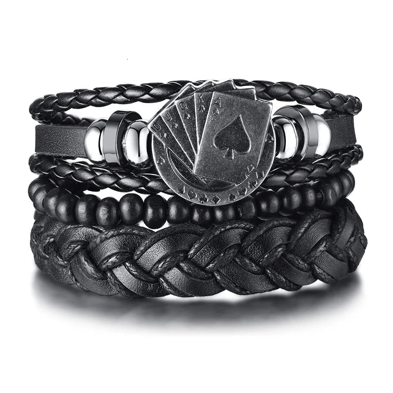 POKER BROWN LEATHER CUFF BRACELET MEN'S MULTILAYER WRAP WRISTBAND FRIENDSHIP VINTAGE BIKER PLAYING CARD POKER BANGLE