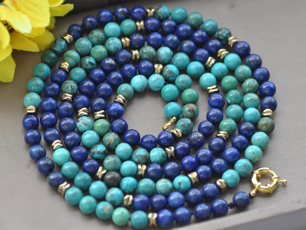Green Turquoise Blue Lapis Lazuli Hematite Bead Necklace, 8mm
