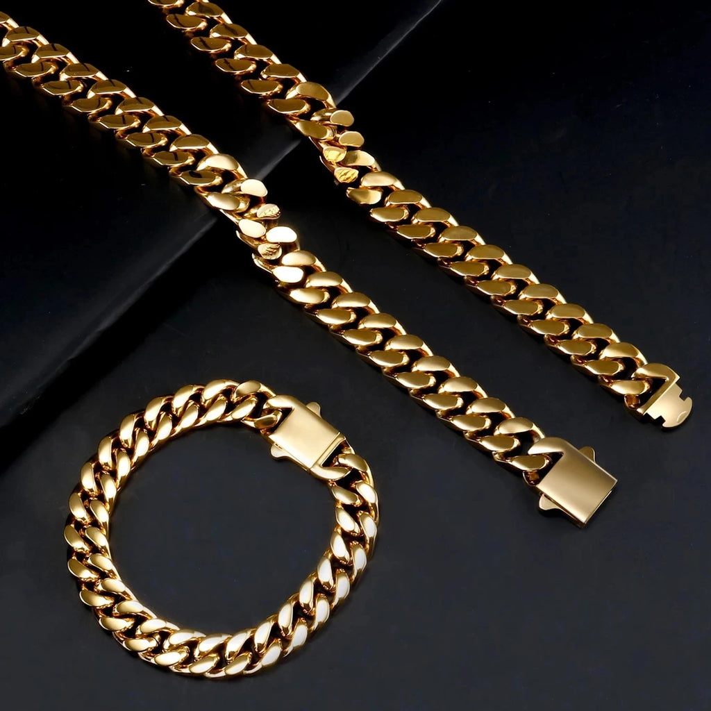 Miami Curb Cuban Chain Necklace & Bracelet 14mm — Stainless Steel