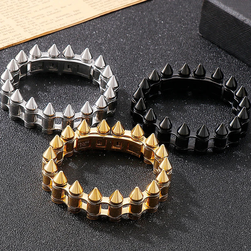 Masculine Bike Cycling Chain Man Bracelets of Heavy Sturdy Stainless Steel Black Gold Color Bullet Style Bracelet for