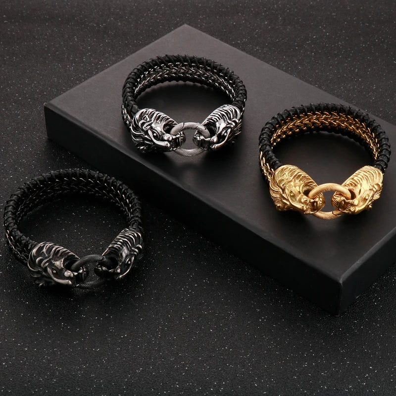 Viking Jewelry Stainless Steel Lion Head Charm Bracelet for Man Cowhide Leather Homme Armbanden Cool Punk Men's Cuff