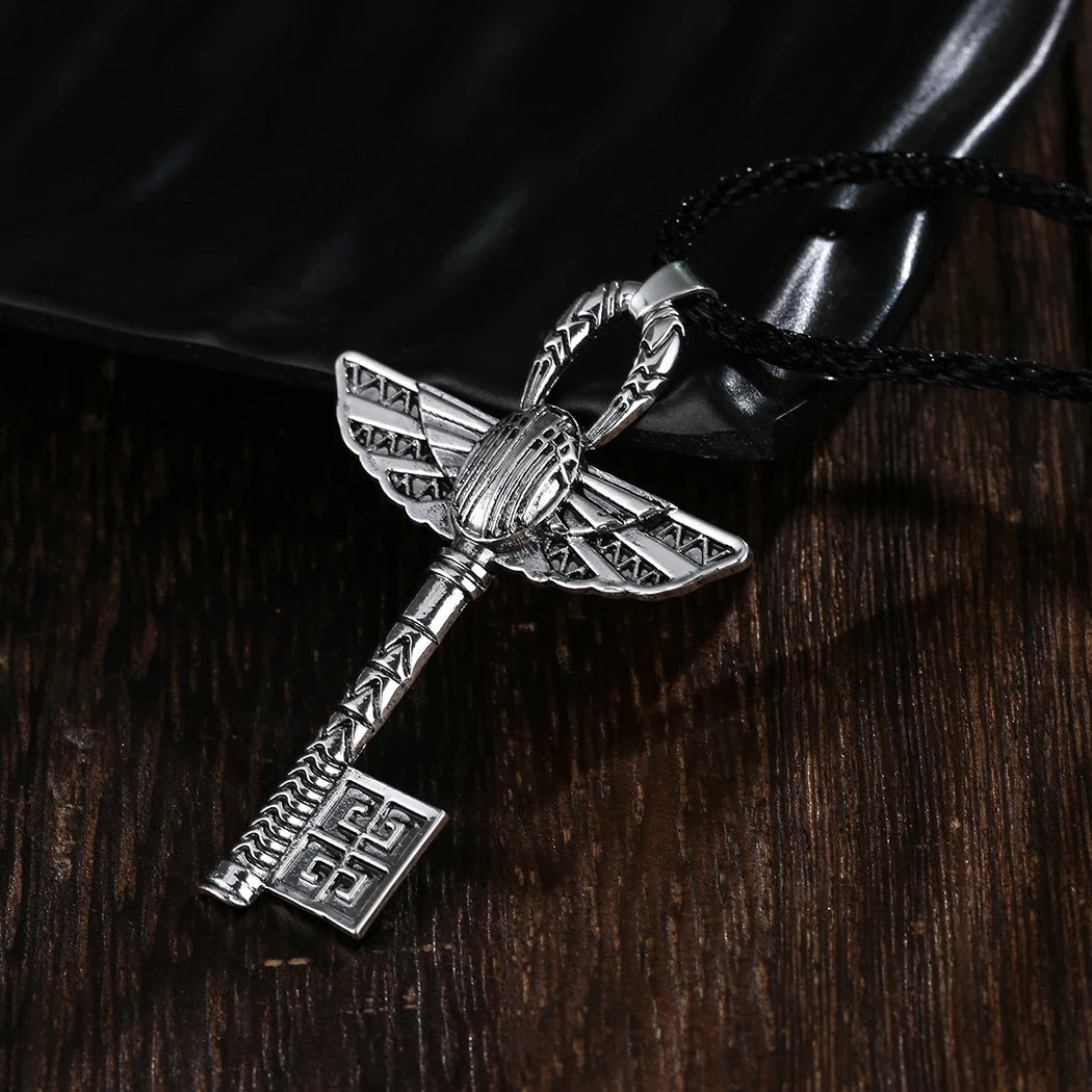Kinitial Vintage Unique Egyptian Animal Scarab Beetle Pendant Necklace Key Cross Necklace For Man Punk Amulet Key Jewelry