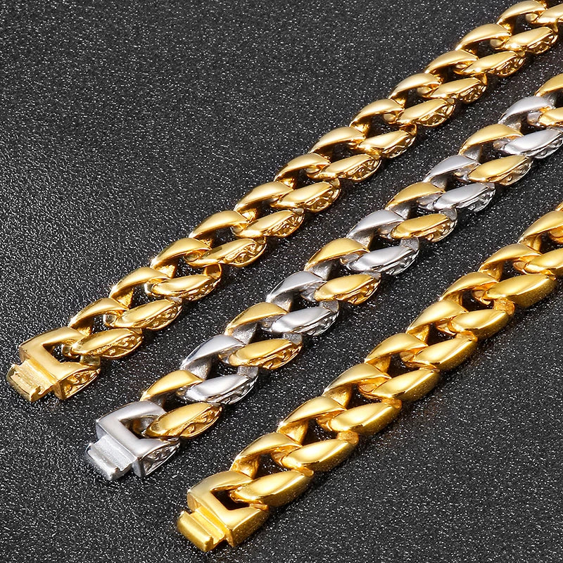 Luxury Gold Color Stainless Steel Bracelet for Man 12MM Wide On Hand Chain Homme Armband Men's Wristband Boyfriend