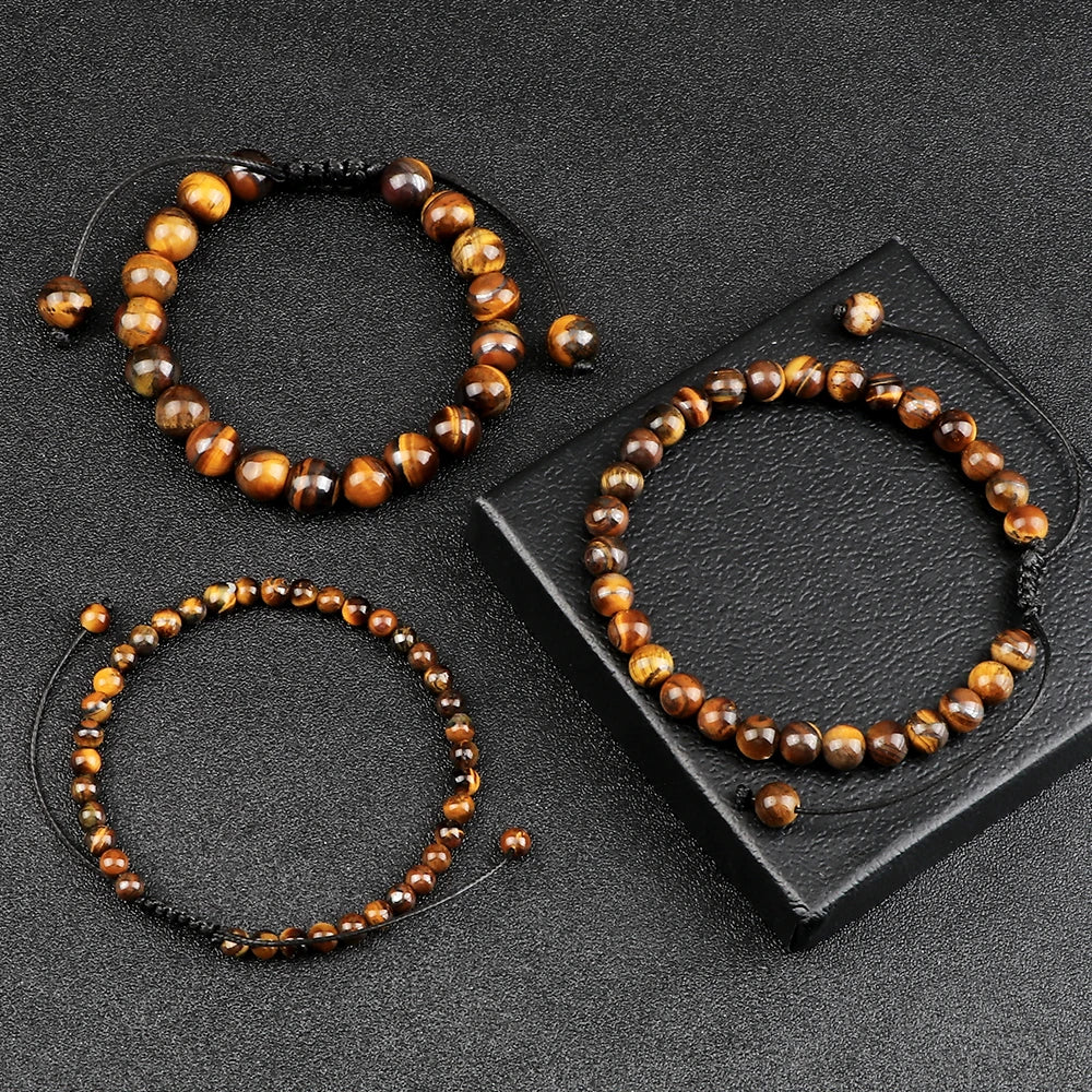 Natural Tiger Eye Stone Braided Beaded Bracelet, Adjustable