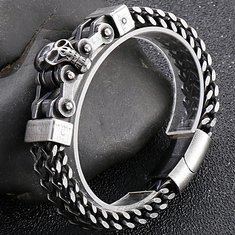Gothic Stainless Steel Men's Bracelets With Skull Head Double Layer Franco Link Curb Chain Bracelet Man Jewelry With