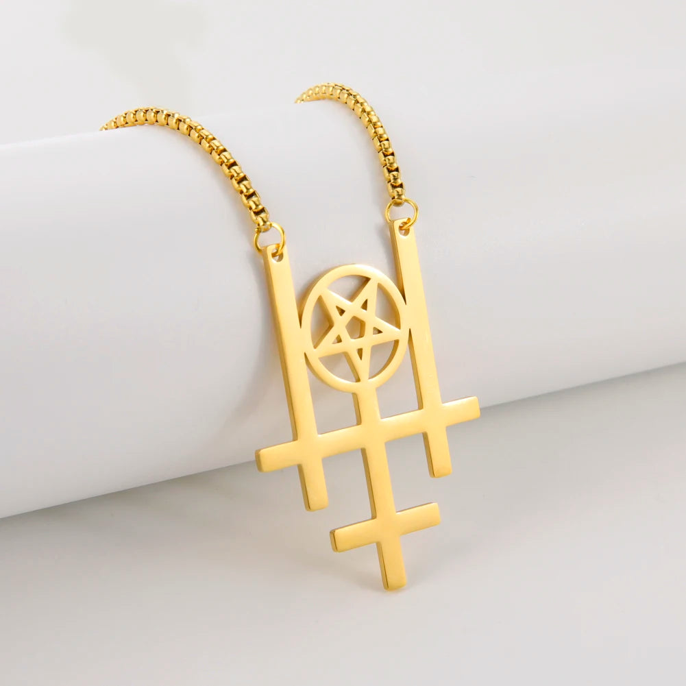 Triple Inverted Cross Pendant Necklace — Stainless Steel