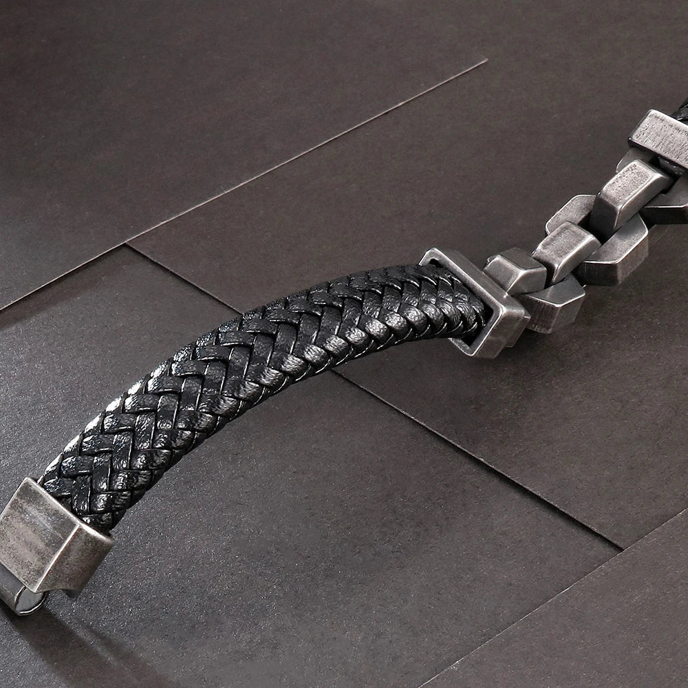 Friendship Man Bracelets Stainless Steel Braided Genuine Leather Wristband Boys Cuff Bracelet Men Jewellery Gifts For