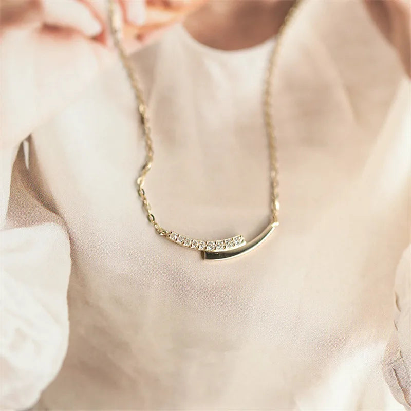 925 Sterling Silver 14K Gold Plating Pavé Crystal Intersection Pendant Clavicle Chain Necklace Women Simple Jewelry