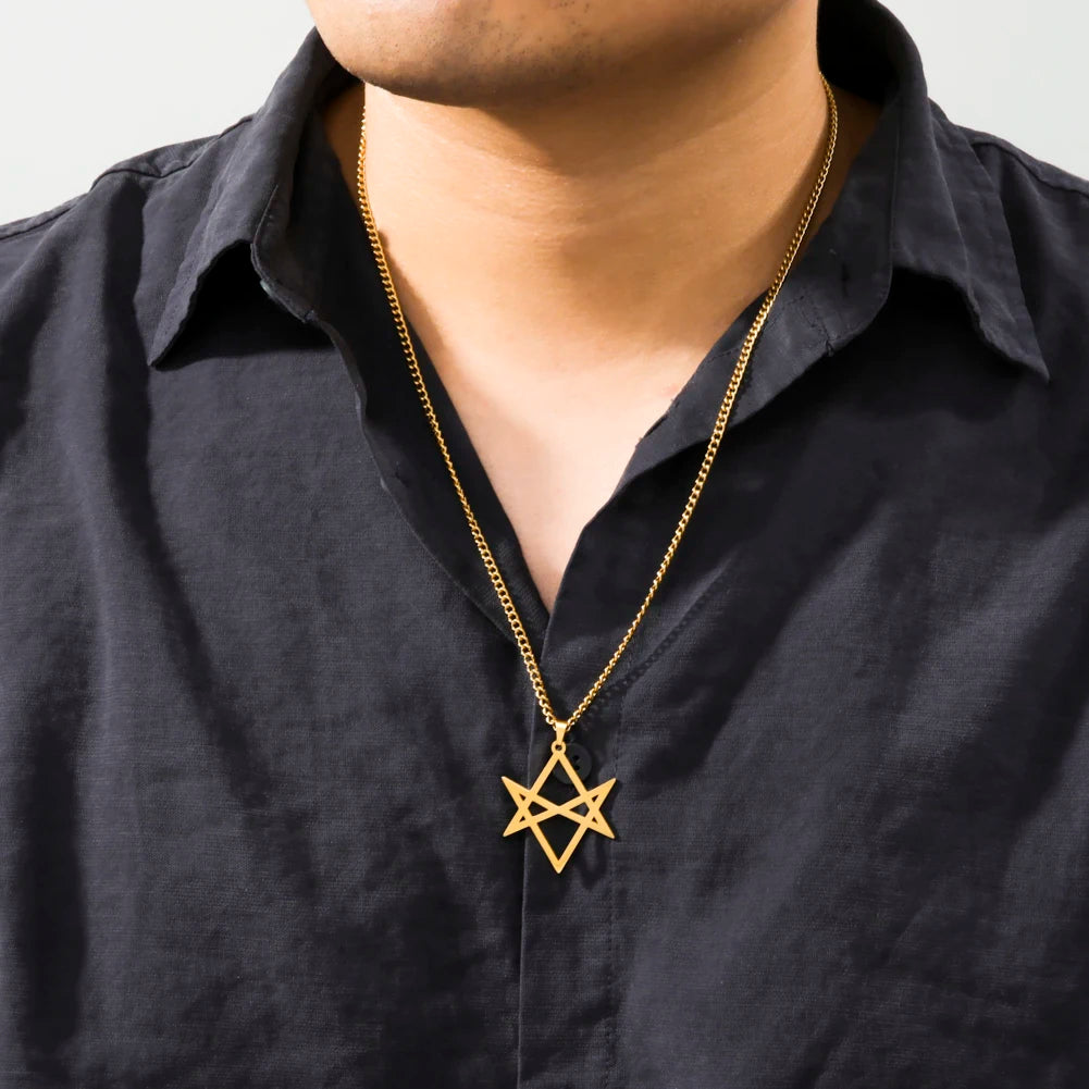 Thelema Unicursal Hexagonal Symbol Men's Stainless Steel Necklace Vintage Simple Pendant Religious Talisman Emblem