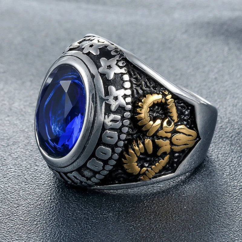 Vintage Gothic Style Big Black Red Blue Stone Ring For Men And Women Stainless Steel All Seeing Eyes Ring Baphomet Pagan Jewelry