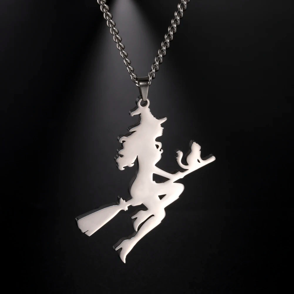 Witch Cat Broom Pendant Necklace — Stainless Steel