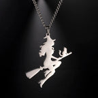 Witch Cat Broom Pendant Necklace — Stainless Steel