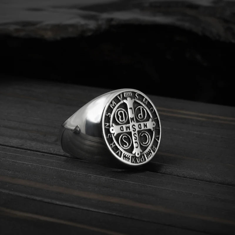 Saint Benedict Cross Men Rings Punk Hip Hop for Boyfriend Male Stainless Steel Jewelry Creativity Gift Wholesale